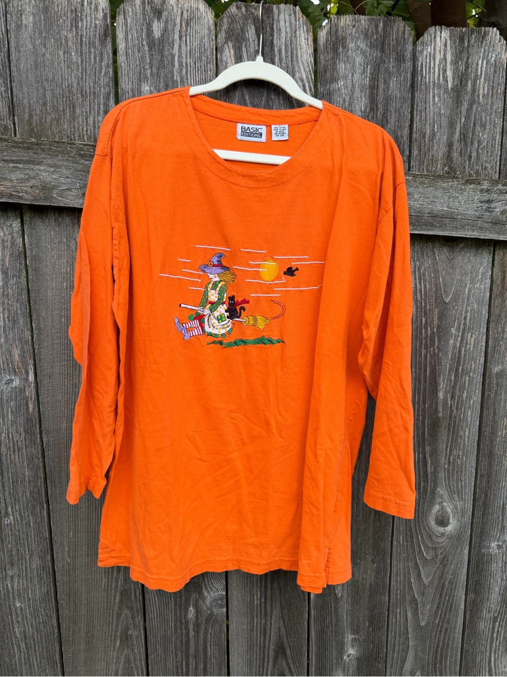 Basic Editions Vintage 90s Halloween Witch Broom Cat Orange Long Sleeve Sz Large